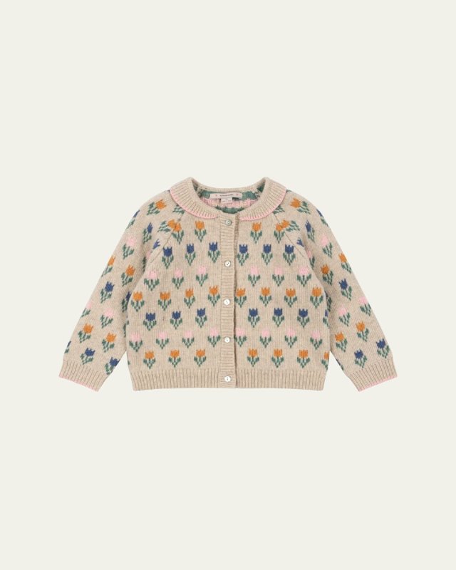 Girl's Belou Flower Intarsia Knit Cardigan, Size 9M-10